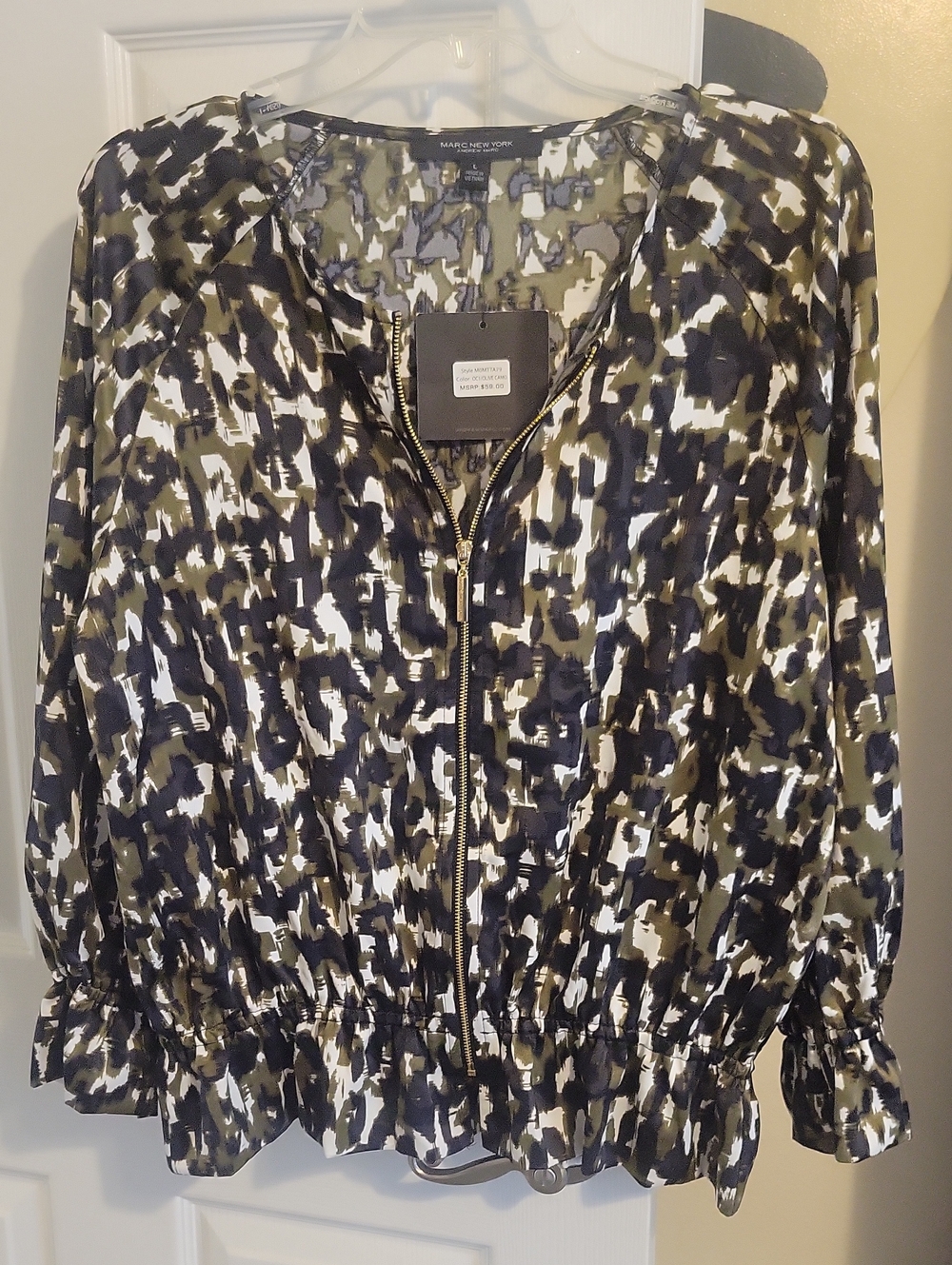 Marc New York SzLg Olive, Black & White Printed Zip-Front Shacket New with Tag